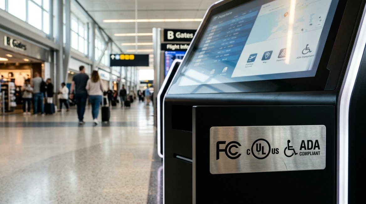 Infographic showing FCC, UL, and ADA compliance logos next to a digital kiosk in a public American space like a mall or airport.
